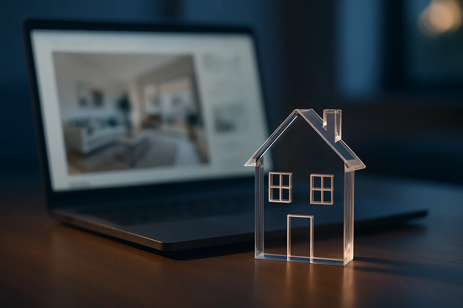 Laptop com blog desfocado e miniatura de casa